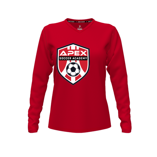 [CUS-DFW-TEES-CMF-VNK-LSL-RED-FYXS-LOGO1] Decker Comfort T-Shirt (Female Youth XS, Red, V Neck, Logo 1, Long Sleeve)